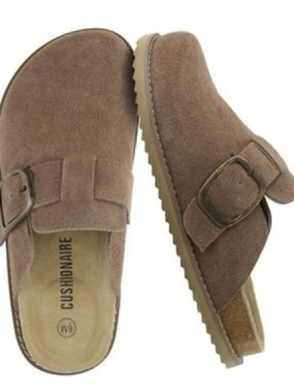 Cushionaire Suede Buckle Clog Mule in Taupe